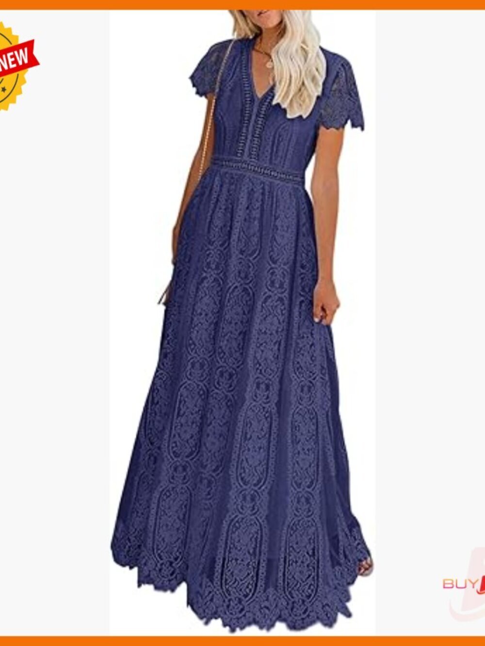 V-Neck Short Sleeve Floral Lace Maxi Dress Formal Wedding Boho